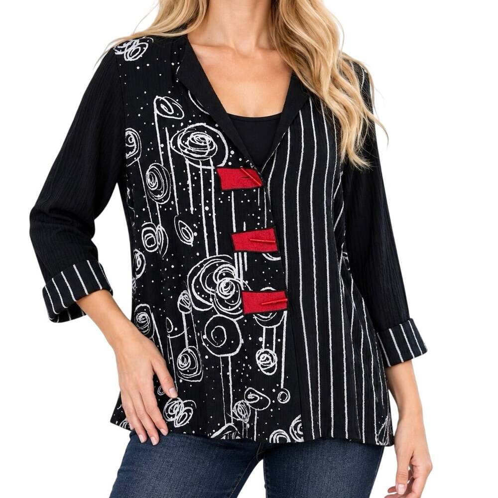 Ali Miles RARE PRINT Large Black White Red Wearable Art Artsy Blouse Shirt Top